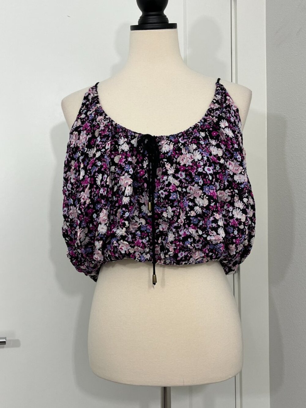 Free People Small Floral Print Drawstring Bubble Hem Crop Top